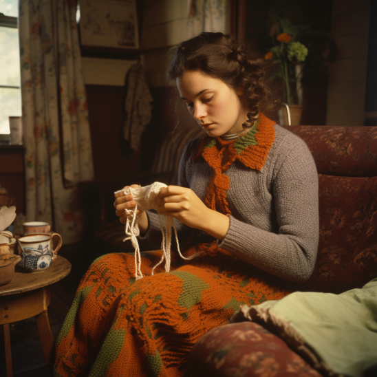 New England 1970. Mother knitting wool socks d