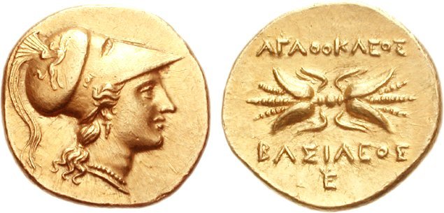 Agathokles. Gold stater 304 293. Head of Athene