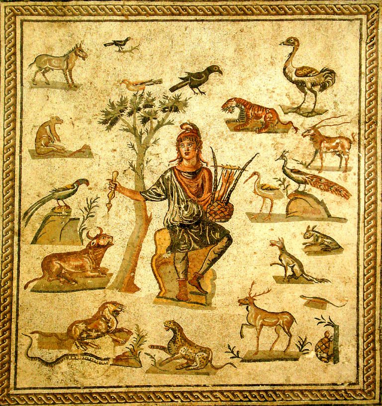 Orpheus wearing a Phrygian cap and surrounded by the beasts charmed by the music of his lyre. Roman mosaic