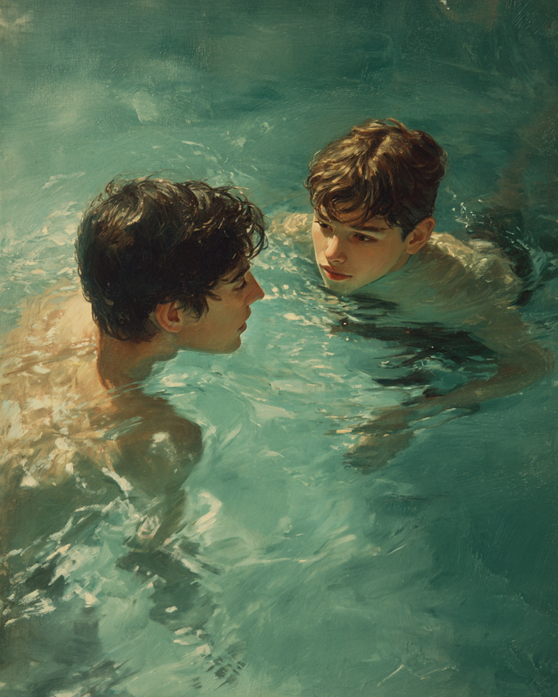 13 and young man in French swimming pool 1975 d2