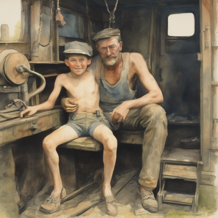 Germany 1950. Boy 9 wearing swimming trunks on the lap of a man in the cabin of a steam shovel operator d