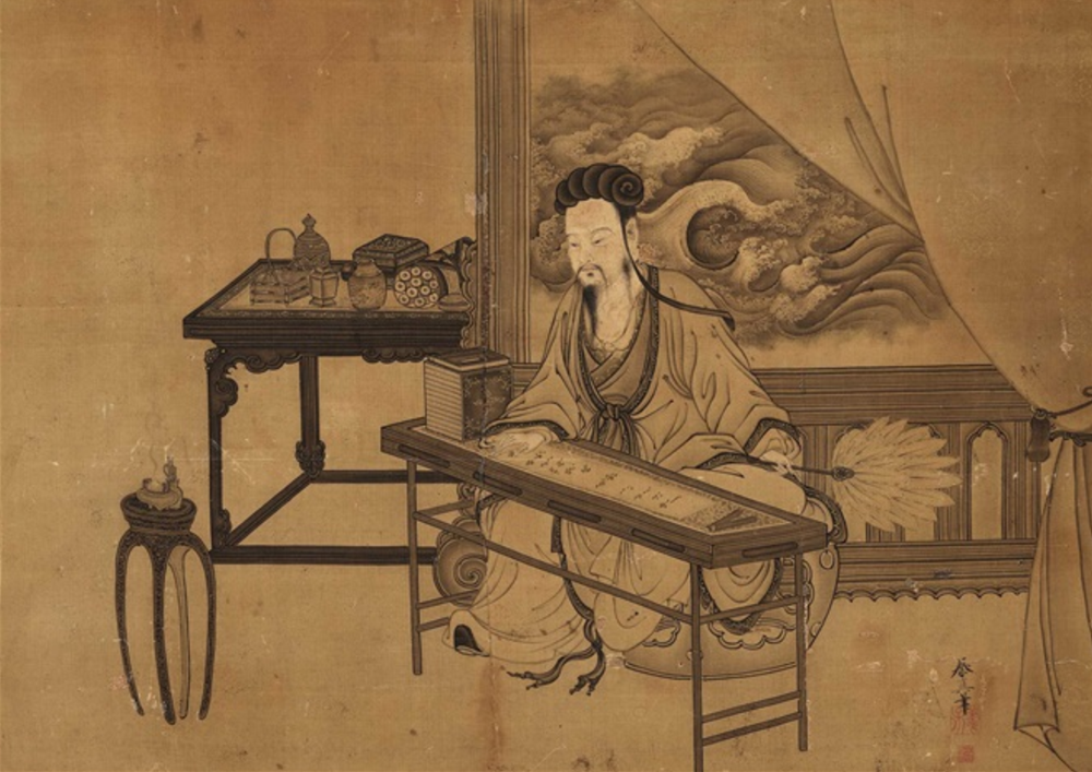 Scholar reading a scroll 16th or 17th pen on silk U