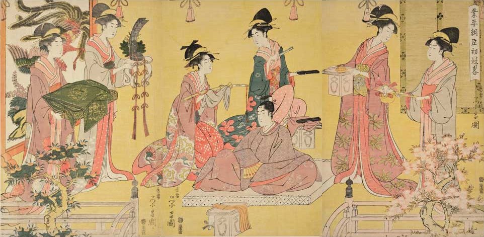 Genpuku parody. Minister Narihiras Coming of Age by Chokosai Eisho ca. 1795. Woodblock print ink and colour on paper