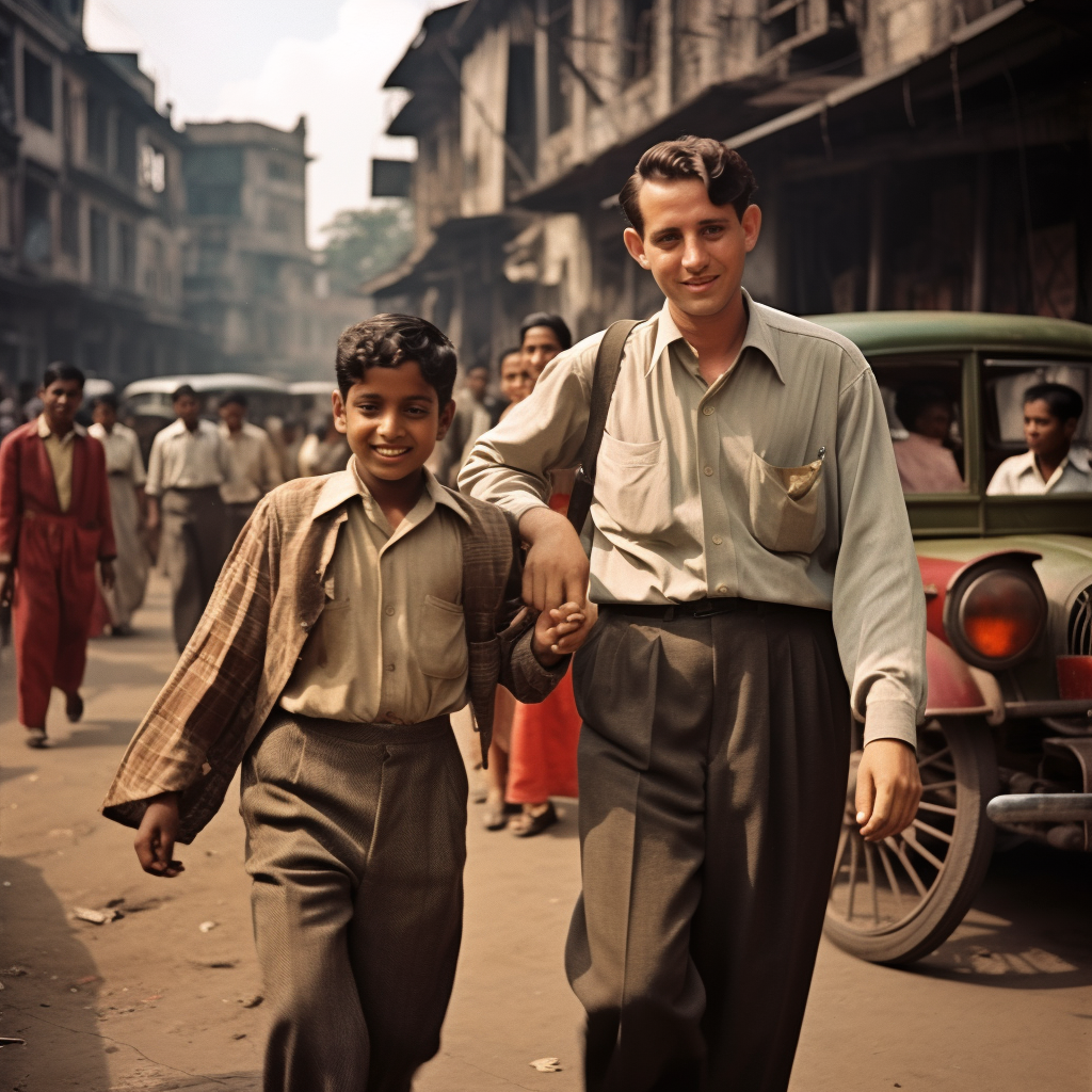 Calcutta in 1960. A rich Indian man aged 35 is walking tthrough a street with his arm around a poor smiling boy aged 14 d1